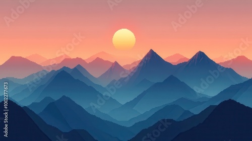 Simplified Mountain Range with Sun in Pixel Art Style