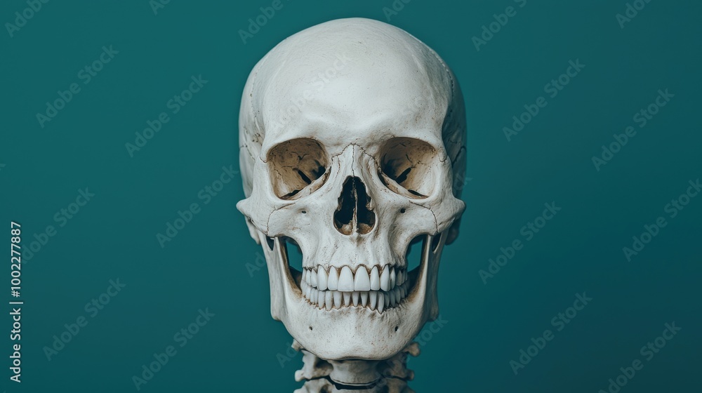 Anatomical Human Skull on a Teal Background Anatomical Human Skull on a Teal Background