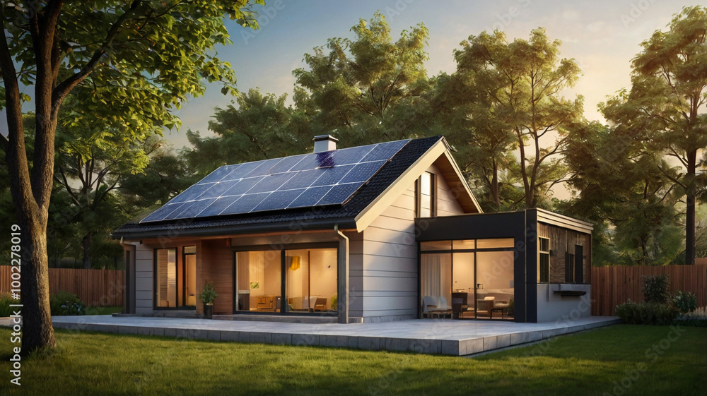 new suburban house with photovoltaic system on the roof. Modern eco-friendly passive house with solar panels on the gable roof, with sunlight in the afternoon new suburban house with photovoltaic system on the roof. Modern eco-friendly passive house with solar panels on the gable roof, with sunlight in the afternoon