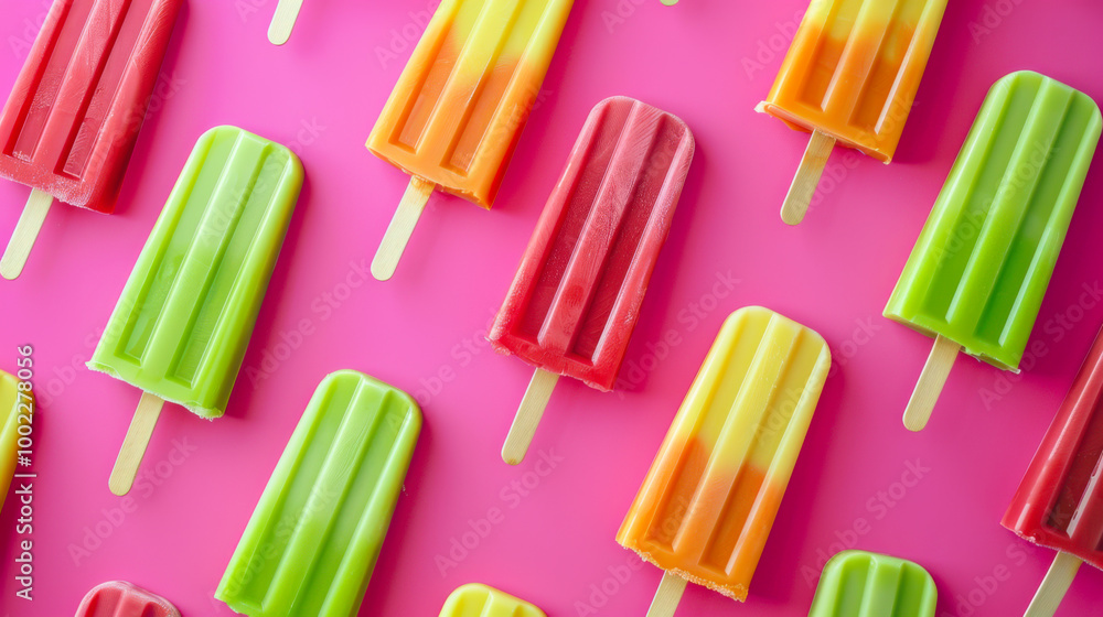 Colorful fruit popsicles arranged on a pink background, showcasing multiple flavors and vibrant colors Colorful fruit popsicles arranged on a pink background, showcasing multiple flavors and vibrant colors
