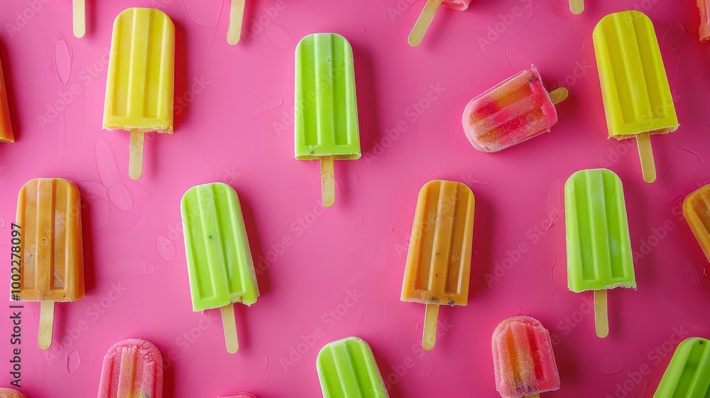 Colorful fruit popsicles arranged on a pink background, showcasing multiple flavors and vibrant colors Colorful fruit popsicles arranged on a pink background, showcasing multiple flavors and vibrant colors