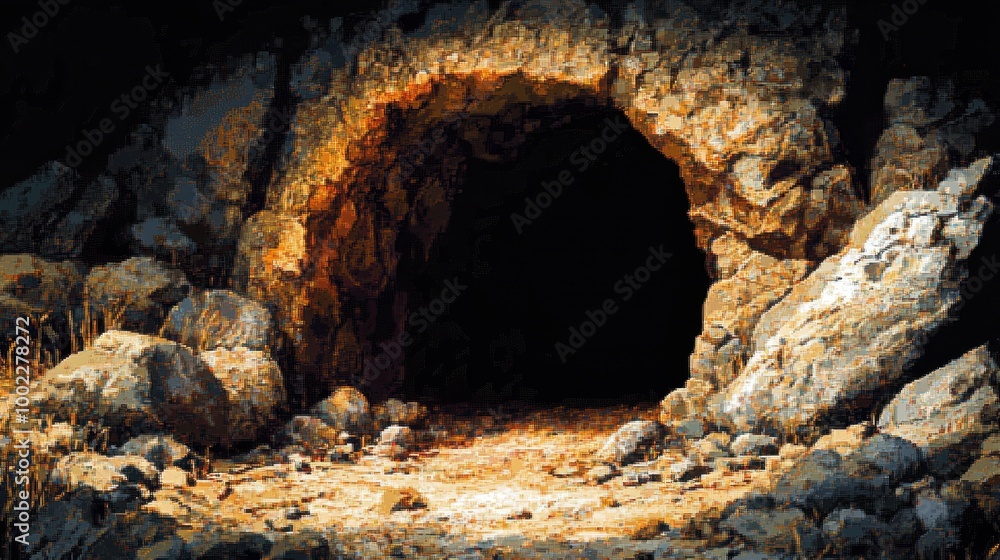 Pixelated Cave Entrance with Rock Formation Pixelated Cave Entrance with Rock Formation