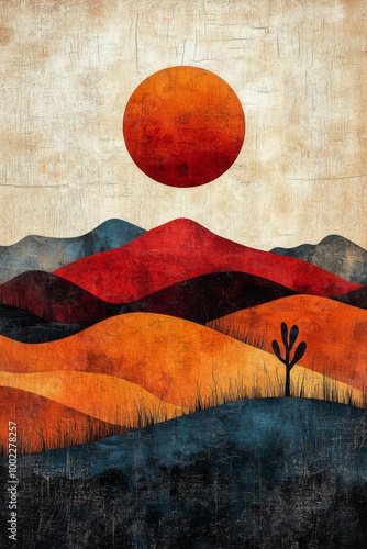Sunset over mountains with silhouetted grass in warm earth tones
