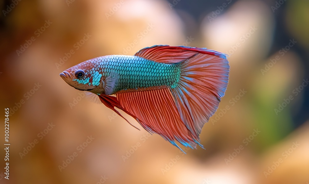 A striking red and blue Betta fish swimming elegantly in an environment filled with bokeh lights, Generative AI A striking red and blue Betta fish swimming elegantly in an environment filled with bokeh lights, Generative AI