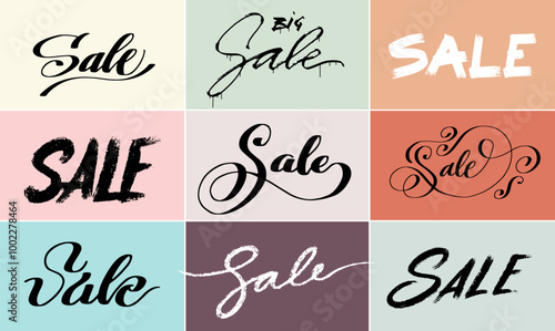 Big set of handwritten Sale signs, logos inscriptions. Template hand lettering Sale vector elements. Collection of black brush calligraphing for design, marketing banners, promotions, posters.