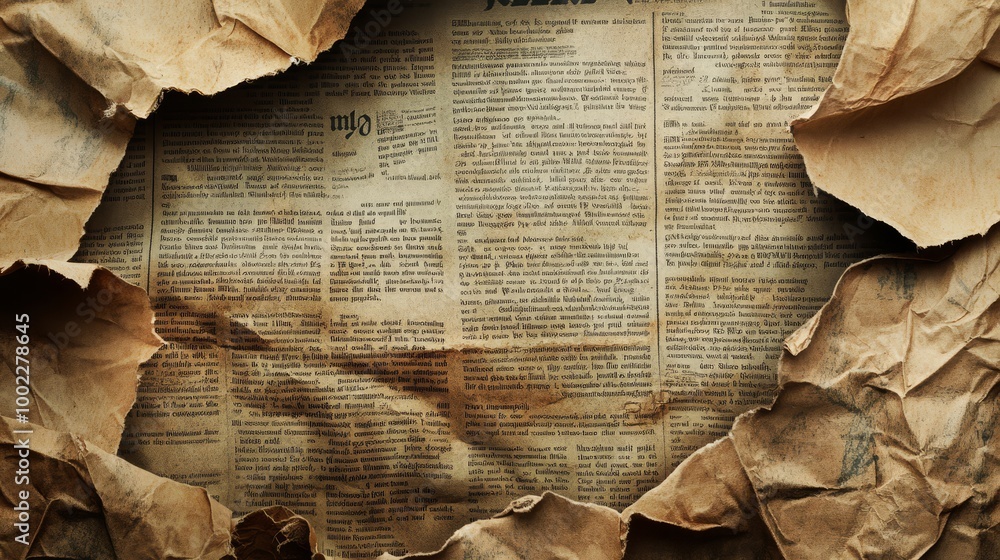 Aged, torn newspaper with text visible through rips. Vintage, historic ...