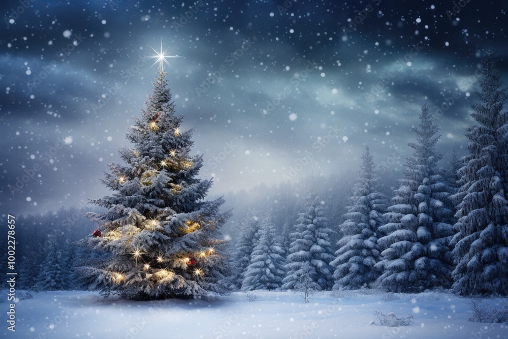 Christmas fir tree in snowy winter landscape Christmas fir tree in snowy winter landscape