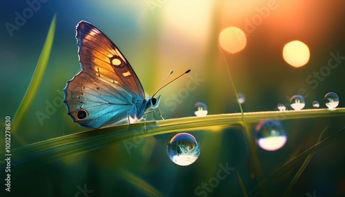 Photorealistic macro photography of a water droplet on a long grass leaf and a ladybug photo