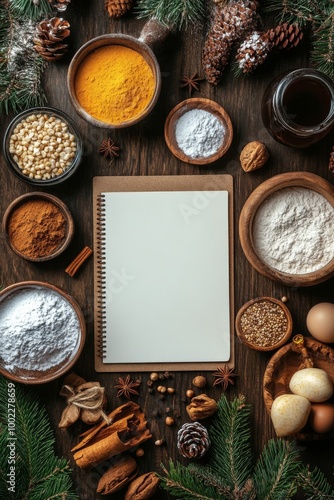 Ingredients and cooking essentials arranged for holiday baking on a wooden table