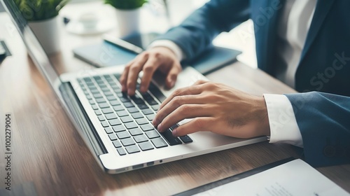 Man hands typing on laptop keyboard. Manager, finance, lawyer working on notebook in office. Business, technology, network, communication, internet, online concept