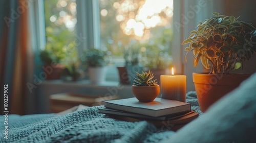 Cozy autumn atmosphere with candles, books, and succulents near a window