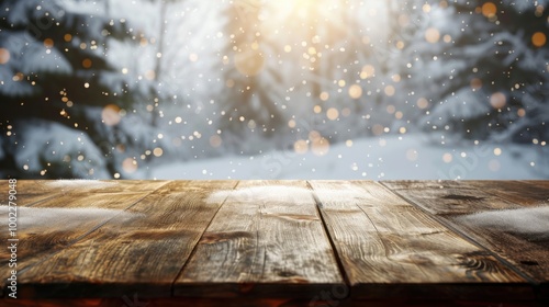 Wooden table with snow in winter forest background. Empty rustic wood plank tabletop on foreground of abstract frosty snowy trees. Winter landscape. Christmas card