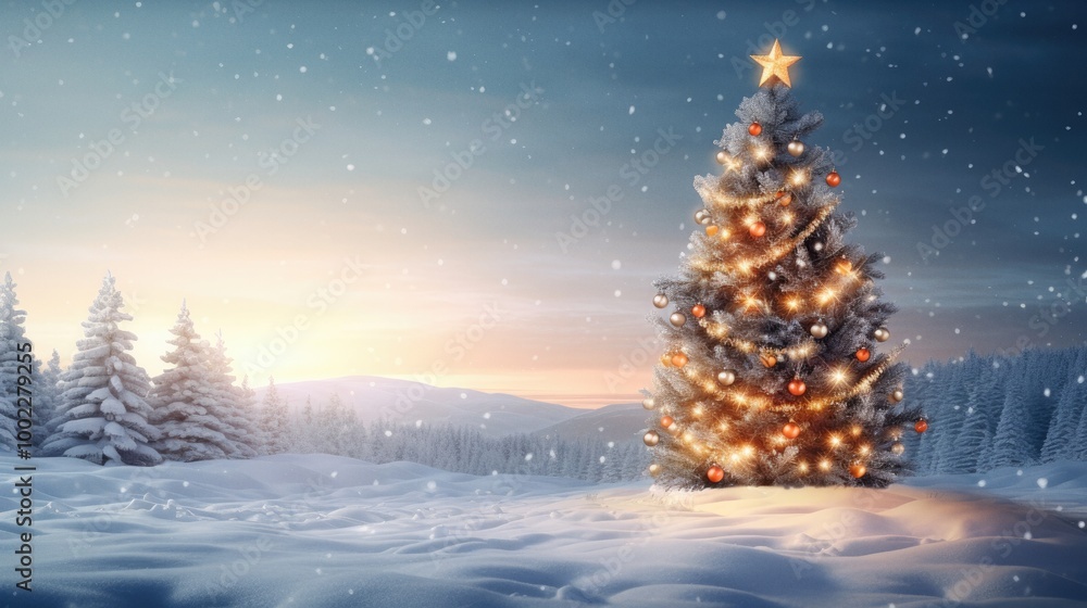 Christmas fir tree in snowy winter landscape Christmas fir tree in snowy winter landscape