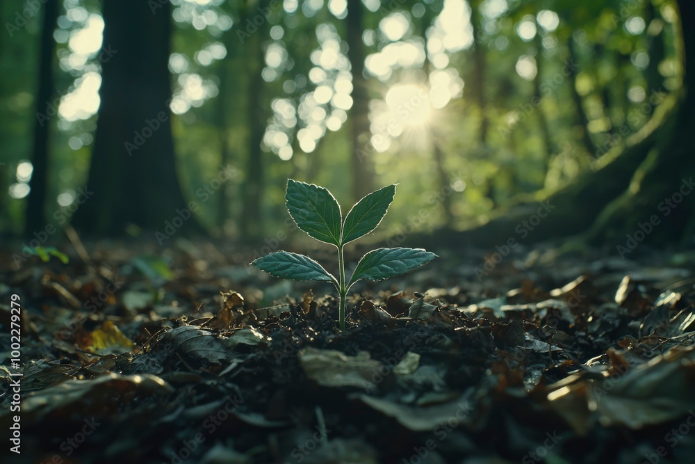 A Single Sapling Growing in a Sunlit Forest A Single Sapling Growing in a Sunlit Forest