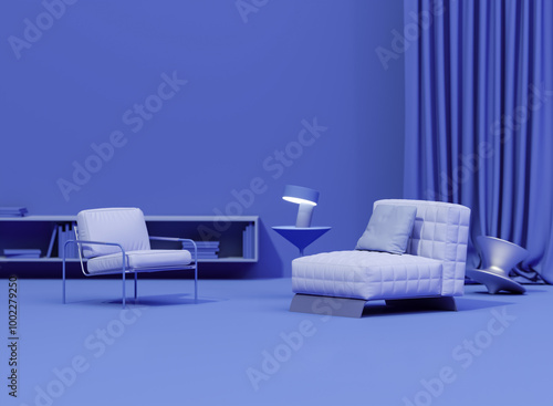 Interior design of luxury living room with stylish armchair, side table, plants and creative home accessories. Pastel blue, purple Lilac color wall. Home staging. 3D render