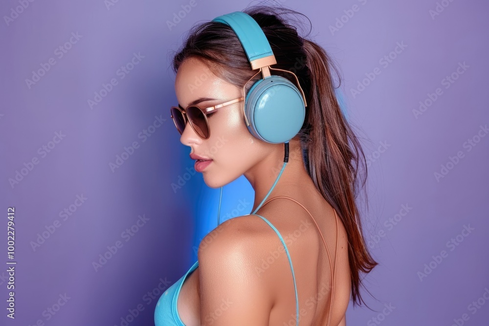Teen hipster girl in stylish glasses and headphones at party. Teen hipster girl in stylish glasses and headphones at party.