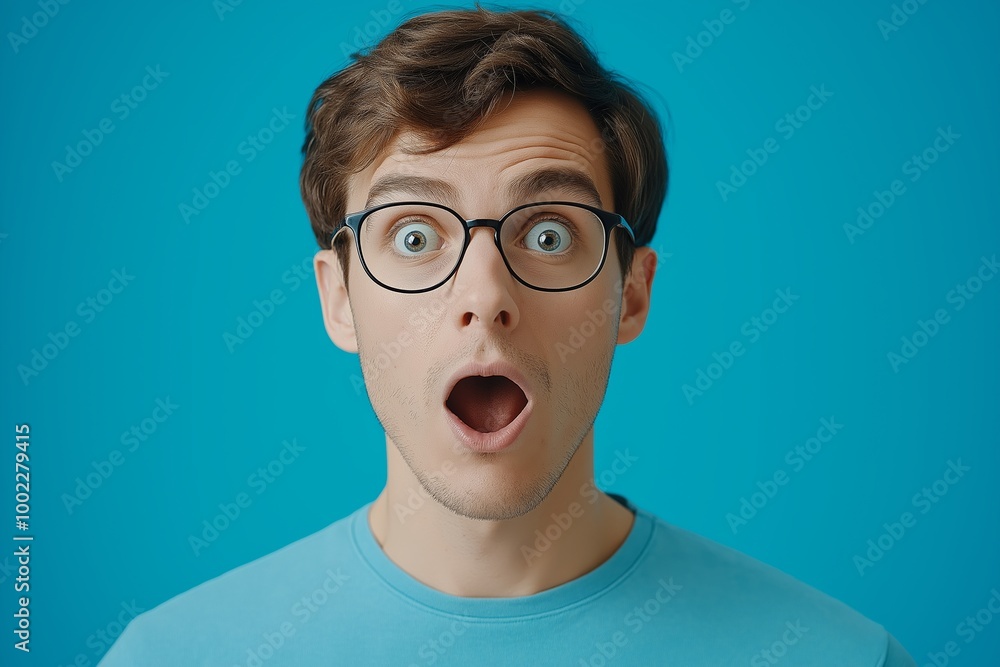 Man with glasses is looking at the camera. He has a surprised expression on his face. man with a wow expression open mouth, wearing glasses, Man with glasses is looking at the camera. He has a surprised expression on his face. man with a wow expression open mouth, wearing glasses,