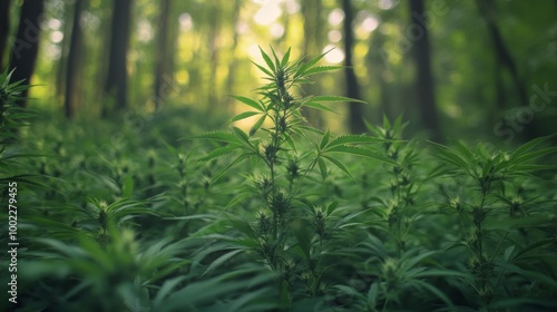 Cannabis plant growing in a lush forest during the summer season