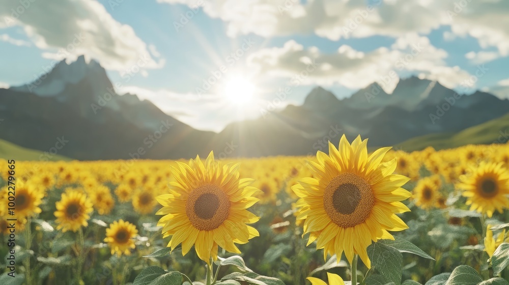 Obraz premium A golden field of sunflowers in bloom stretches towards a majestic mountain, with vibrant clouds and sunlight casting a warm glow over the landscape