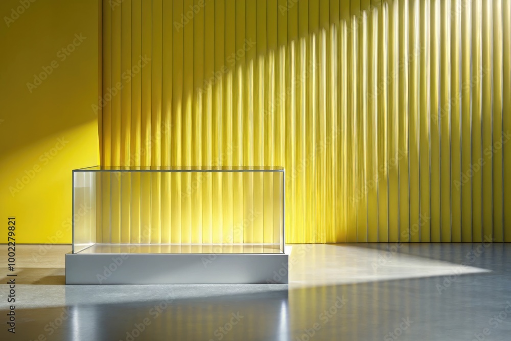Minimalist setting with a glass case and yellow walls. Minimalist setting with a glass case and yellow walls.