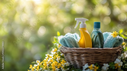 Bright cleaning supplies in a basket surrounded by flowers in a sunny outdoor...