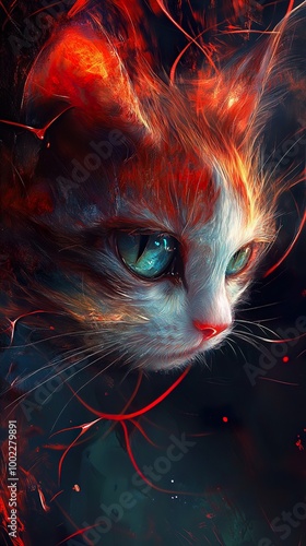 Close-up Portrait of a Whimsical Cat with Abstract Background