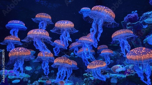   A cluster of translucent creatures gracefully float in a tank illuminated by electric azure beams, their iridescent appendages rippling through the water photo