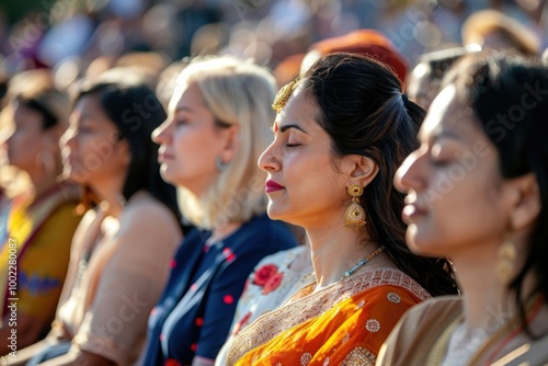 Diverse group meditates in lotus pose for inner balance.
