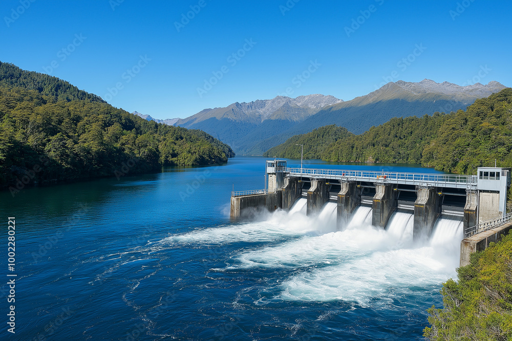 A panoramic view of a hydroelectric dam with water discharging through the locks, showcasing the majestic mountains in the background, with copy space. A panoramic view of a hydroelectric dam with water discharging through the locks, showcasing the majestic mountains in the background, with copy space.