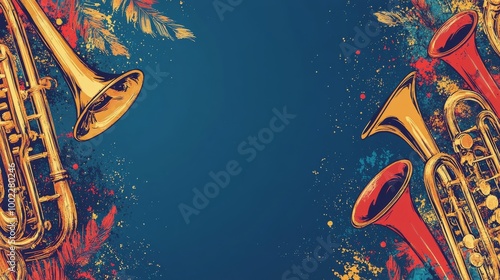 Golden saxophone resting on a textured background with orange and blue splash...