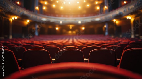 Elegantly arranged red velvet seats in a historic theater illuminated by dist...