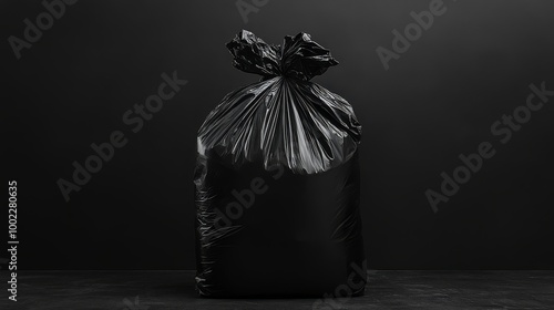 Black plastic garbage bag on dark background. Waste management and environmental concept. Studio shot with dramatic lighting.