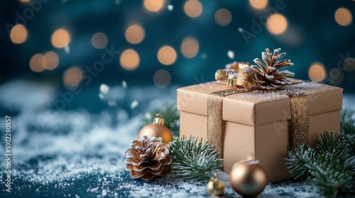 A beautifully wrapped gift surrounded by festive decorations in a cozy winter...