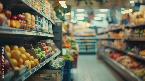 Blurred interior of a grocery store with various fresh fruits, vegetables, and products displayed on shelves. Ideal for retail and shopping themes.