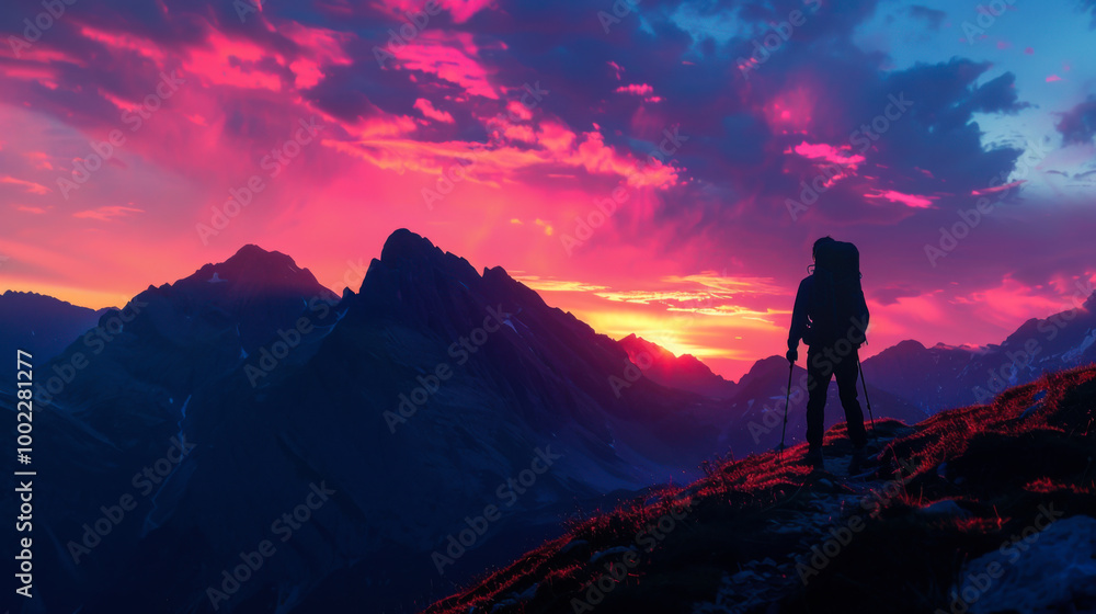 Obraz premium Hiker enjoys a breathtaking sunset while standing on a mountain trail in the Alps
