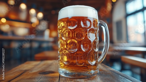 A frosty glass of beer resting on a rustic wooden table in a cozy pub setting