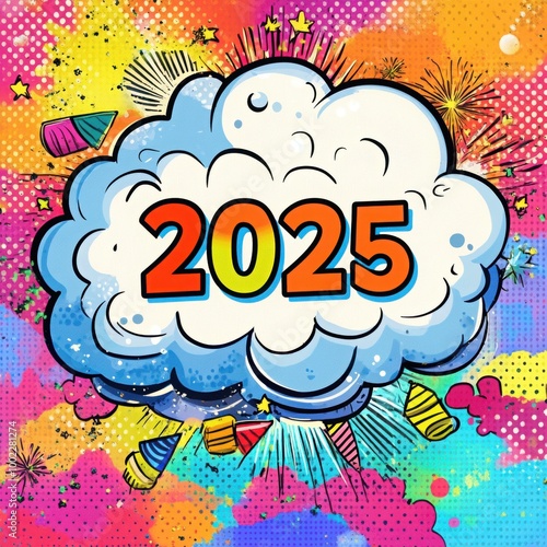 New Year 2025 in pop art and comics book style photo