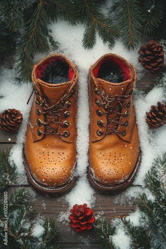 Red shoes surrounded by pinecones and festive greenery on a wooden surface