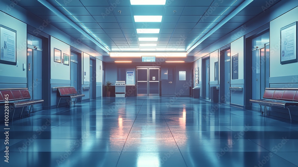 Fototapeta premium Bright and modern hospital hallway with patient rooms and decorative plants in a serene environment