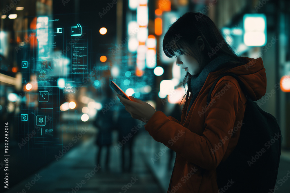Young woman using a smartphone, surrounded by floating social media icons, bright and engaging interface, with copy space. Soft natural light. Young woman using a smartphone, surrounded by floating social media icons, bright and engaging interface, with copy space. Soft natural light.