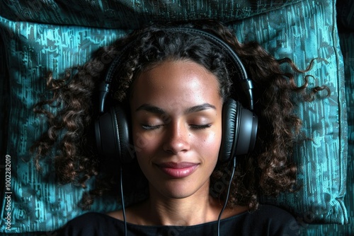 Relaxing music headphones for calm mindfulness meditation. photo