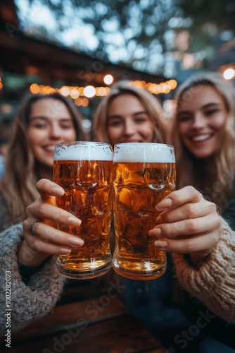 Friends enjoying craft beer together outdoors in a cozy setting during the ev...