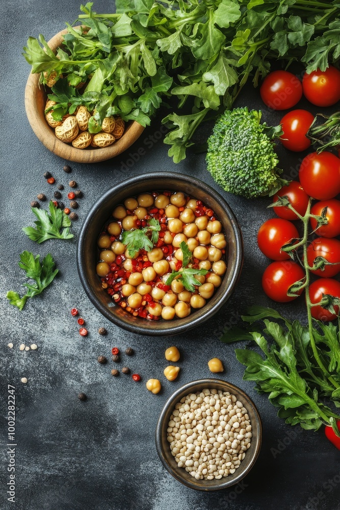 Fresh vegetables and nuts arranged around a blank notepad on a textured surface Fresh vegetables and nuts arranged around a blank notepad on a textured surface