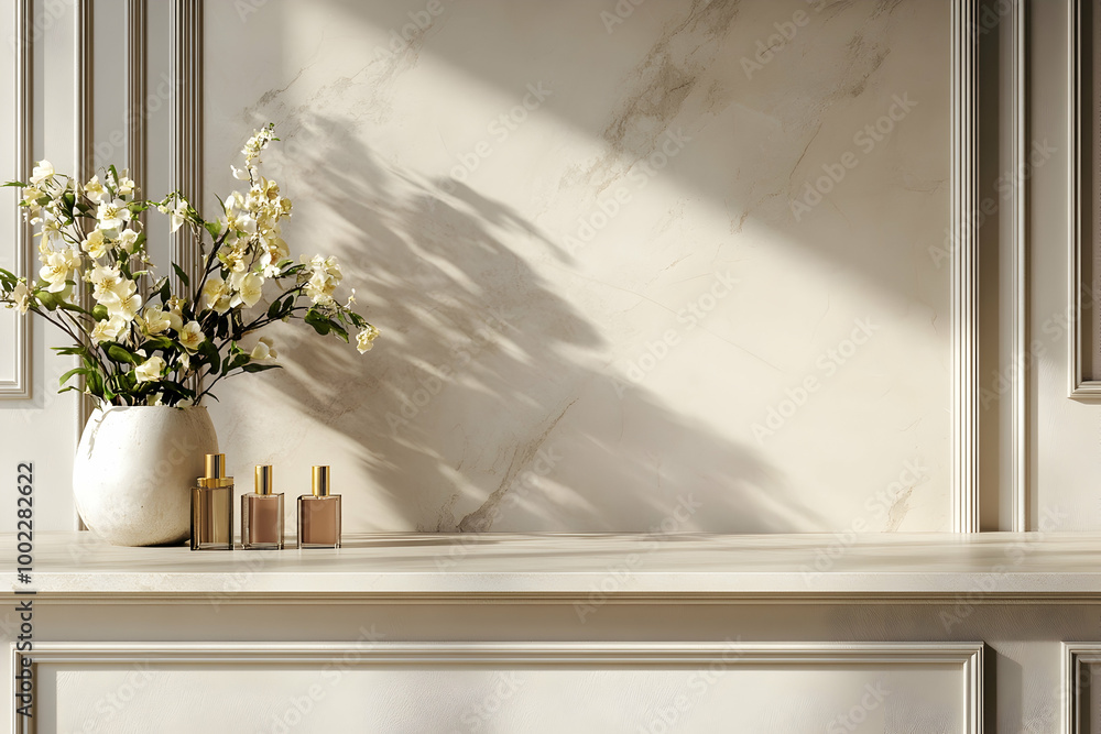 White Flower Arrangement with Gold Bottles on a White Marble Countertop - Realistic 3D Render White Flower Arrangement with Gold Bottles on a White Marble Countertop - Realistic 3D Render