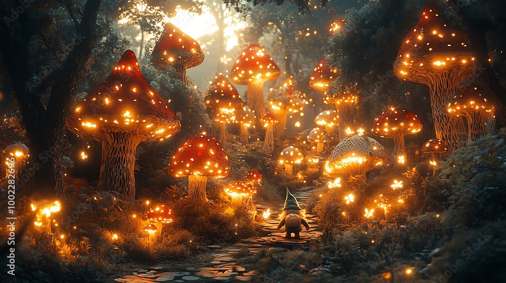 A curious gnome exploring a forest filled with glowing mushrooms, surrounded by magical creatures like fairies and fireflies, paper-cut trees with intricate details, soft light illuminating the scene, A curious gnome exploring a forest filled with glowing mushrooms, surrounded by magical creatures like fairies and fireflies, paper-cut trees with intricate details, soft light illuminating the scene,