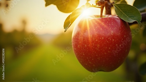 Longshoot, Ripe red apple close-up with sun rays and apple orchard in the background photo