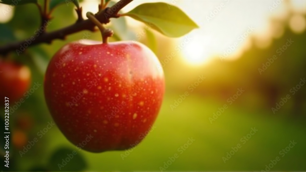 Longshoot, Ripe red apple close-up with sun rays and apple orchard in the background Longshoot, Ripe red apple close-up with sun rays and apple orchard in the background