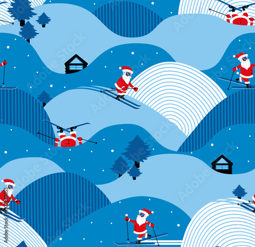 Ski resort with Santa Claus seamless pattern.