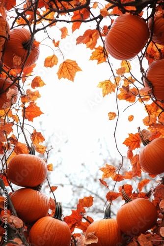 Autumn pumpkins surrounded by colorful leaves on a white background