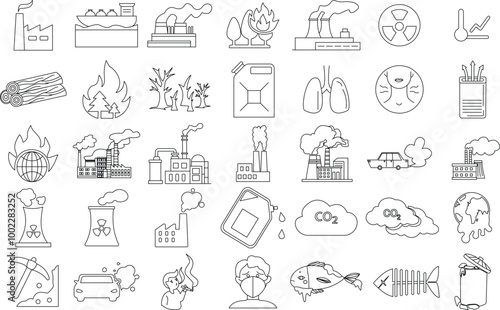 Air pollution icon set for logo and T-Shirt. Thin line art editable stroke.